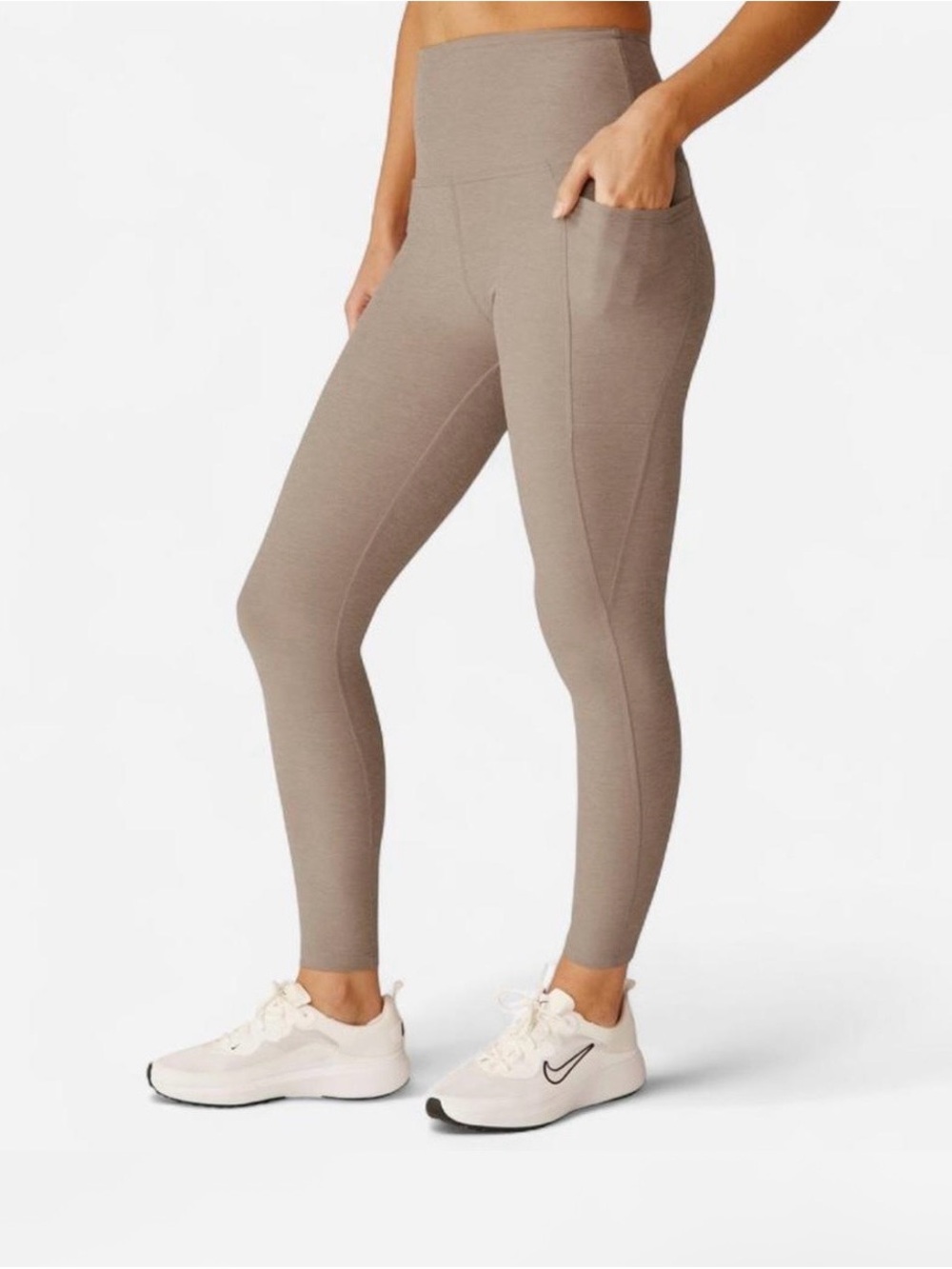 Beyond Yoga High-Waist Pocket Midi Leggings Birch Heather Tan Taupe Size Medium